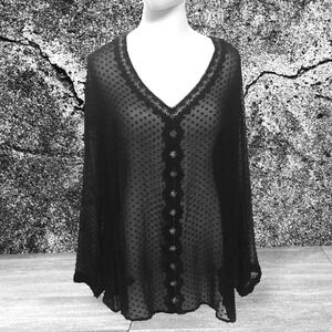 Beyond Vintage Women's Black Sheer Clip Dot Embroidered V-Neck Blouse Top XL